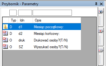 Okno Przybornik raportów–>Parametry