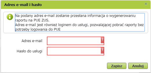 Okno PUE ZUS->pola do wpisywania loginu i hasła do usługi pobierania raportów zbiorczych e-ZLA