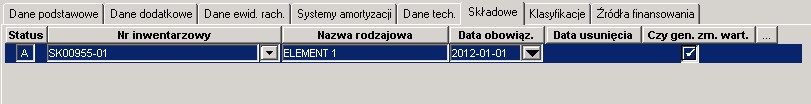 Ewidencja - Zakładka Składowe