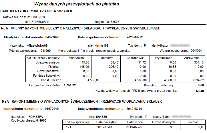 Informacje przekazywane do Płatnika – przykładowy raport Informacje przekazywane do Płatnika – przykładowy raport