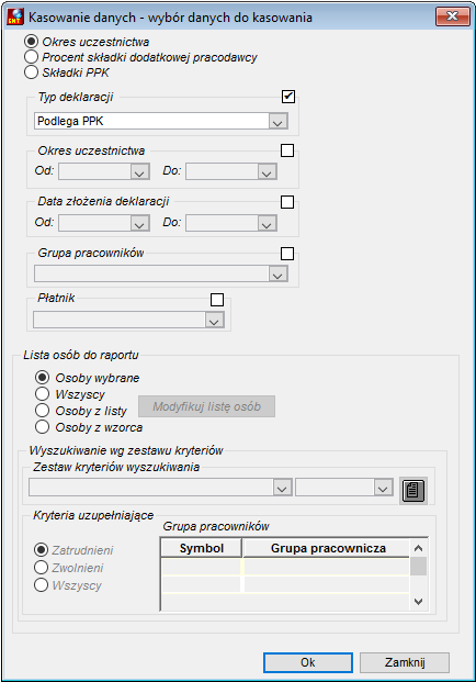 Okno kasowania danych PPK