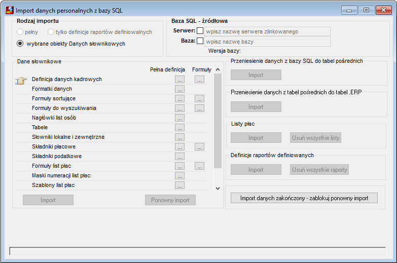 Okno Import danych personalnych z bazy SQL Okno Import danych personalnych z bazy SQL