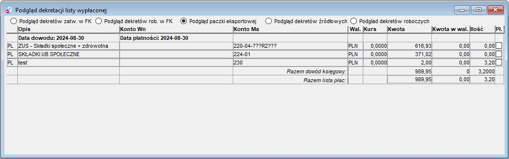 Podgląd dekretów na liście wypłaconej