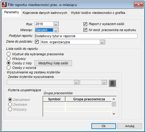 Parametry uruchomienia raportu Nieobecności pracowników w miesiącu w podziale na daną kadrową Parametry uruchomienia raportu Nieobecności pracowników w miesiącu w podziale na daną kadrową