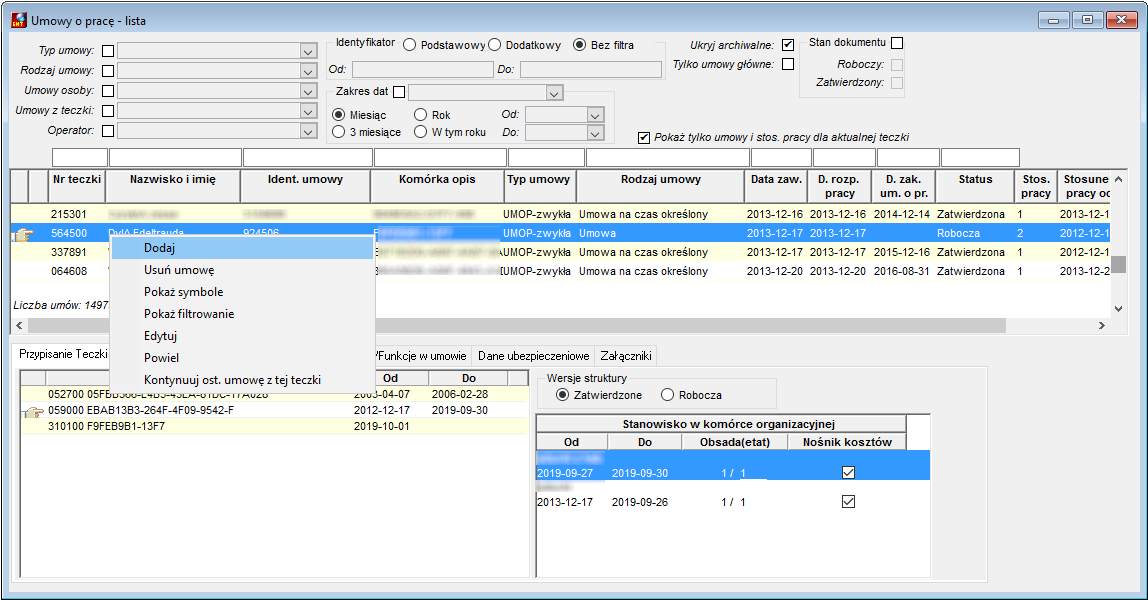 Widok okna Umowy o pracę - lista Widok okna Umowy o pracę - lista