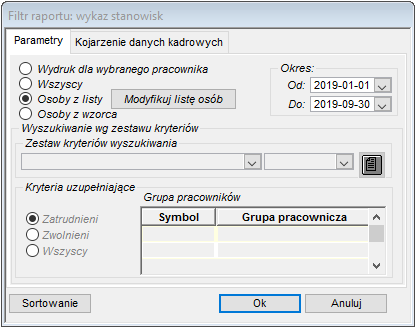 Zakładka Parametry raportu Wykaz stanowisk pracy w szczególnych warunkach lub o szczególnym charakterze Zakładka Parametry raportu Wykaz stanowisk pracy w szczególnych warunkach lub o szczególnym charakterze
