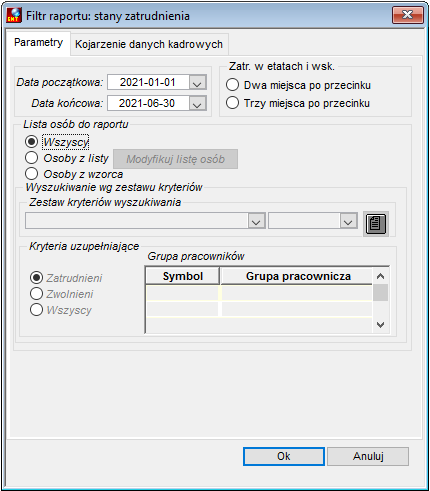 Zakładka Parametry raportu Stany zatrudnienia, w tym grupy niepełnosprawności (Art. 21 ust. 5 Ustawy)