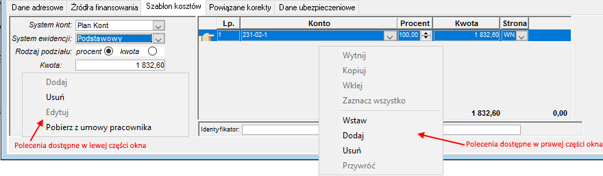 Fragment okna Rachunek do umowy – widok zakładki Szablon kosztów