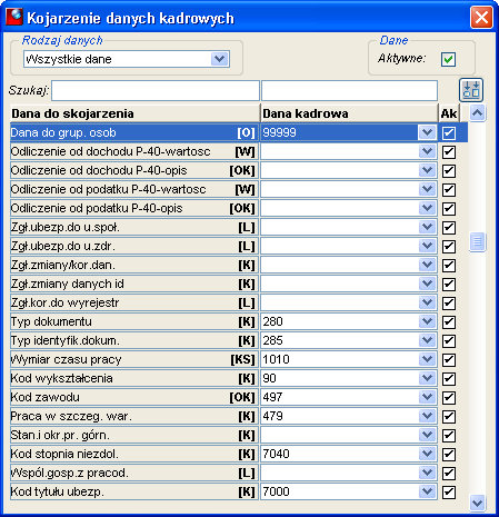Okno Kojarzenie danych kadrowych - Dana do grupowania teczek