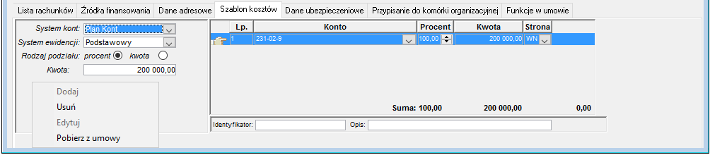 Fragment okna Umowa zlecenia/o dzieło – wykonawca->Szablon kosztów wraz z listą dostępnych poleceń