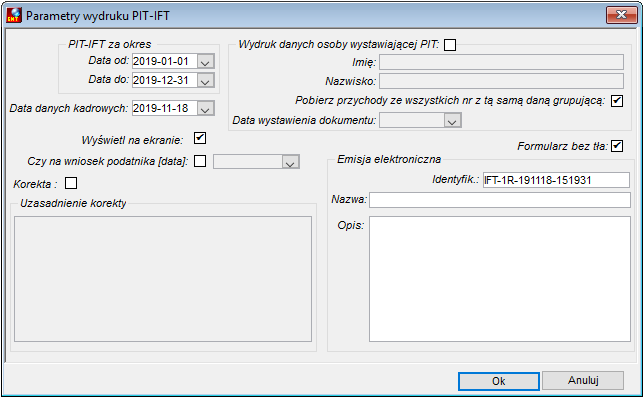 Okno parameterów wydruku IFT-1/IFT-1R