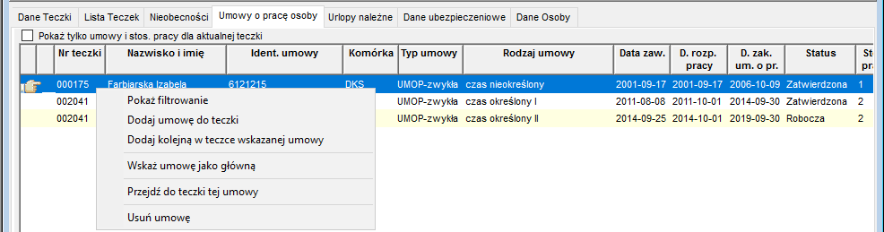 Zakładka Umowy o pracę osoby w oknie Dane osobowe po włączeniu funkcjonalności Umowy o pracę
