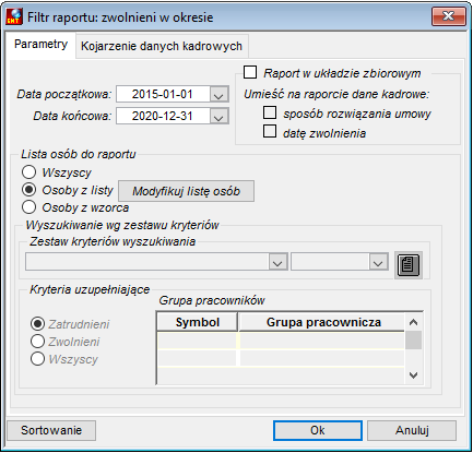 Zakładka Parametry raportu Zwolnieni w okresie Zakładka Parametry raportu Zwolnieni w okresie