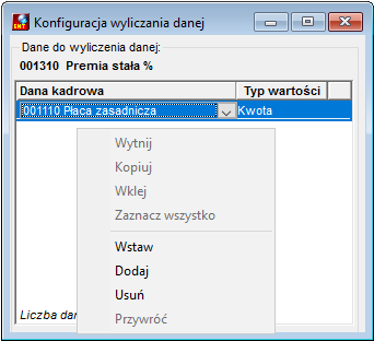 Okno Konfiguracja wyliczania danej