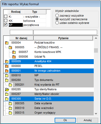 Okno uruchomienia wydruku formuł danych kadrowych
