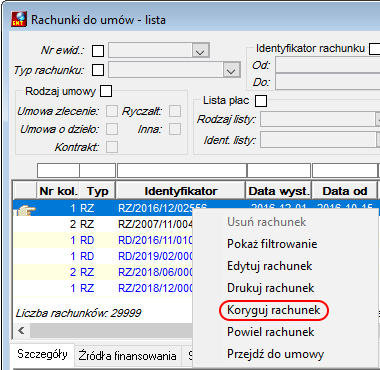 Polecenie Koryguj rachunek