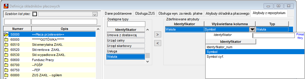Definicja składnika płacowego->dodawanie atrybutów z repozytorium – wybór identyfikatora kolumny
