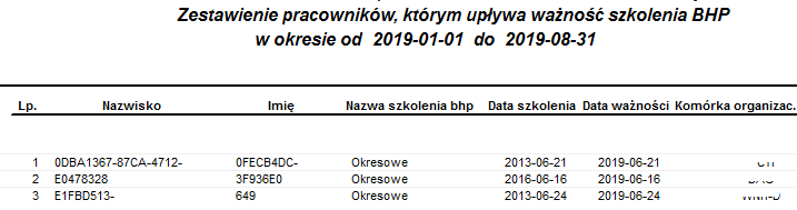 Przykładowy raport Szkolenie BHP ważność Przykładowy raport Szkolenie BHP ważność