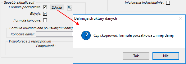 Fragment okna definicja struktury danych - inicjowanie edycji formuły danej Fragment okna definicja struktury danych - inicjowanie edycji formuły danej