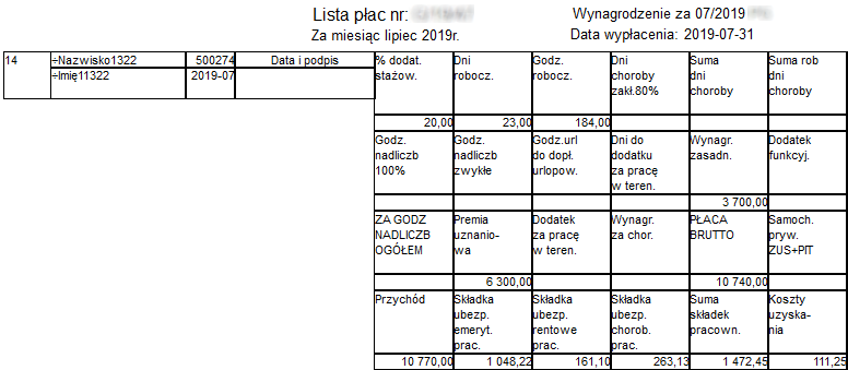 Fragment raportu Lista płac paski poziome podstawowy