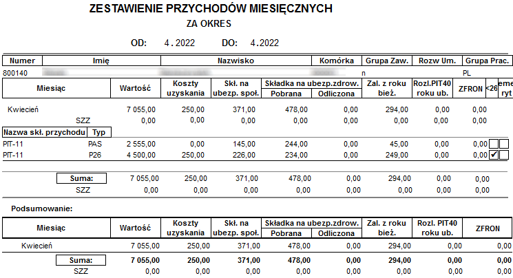 Fragment raportu Przychody miesięczne
