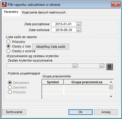 Zakładka Parametry raportu Zatrudnieni w okresie Zakładka Parametry raportu Zatrudnieni w okresie