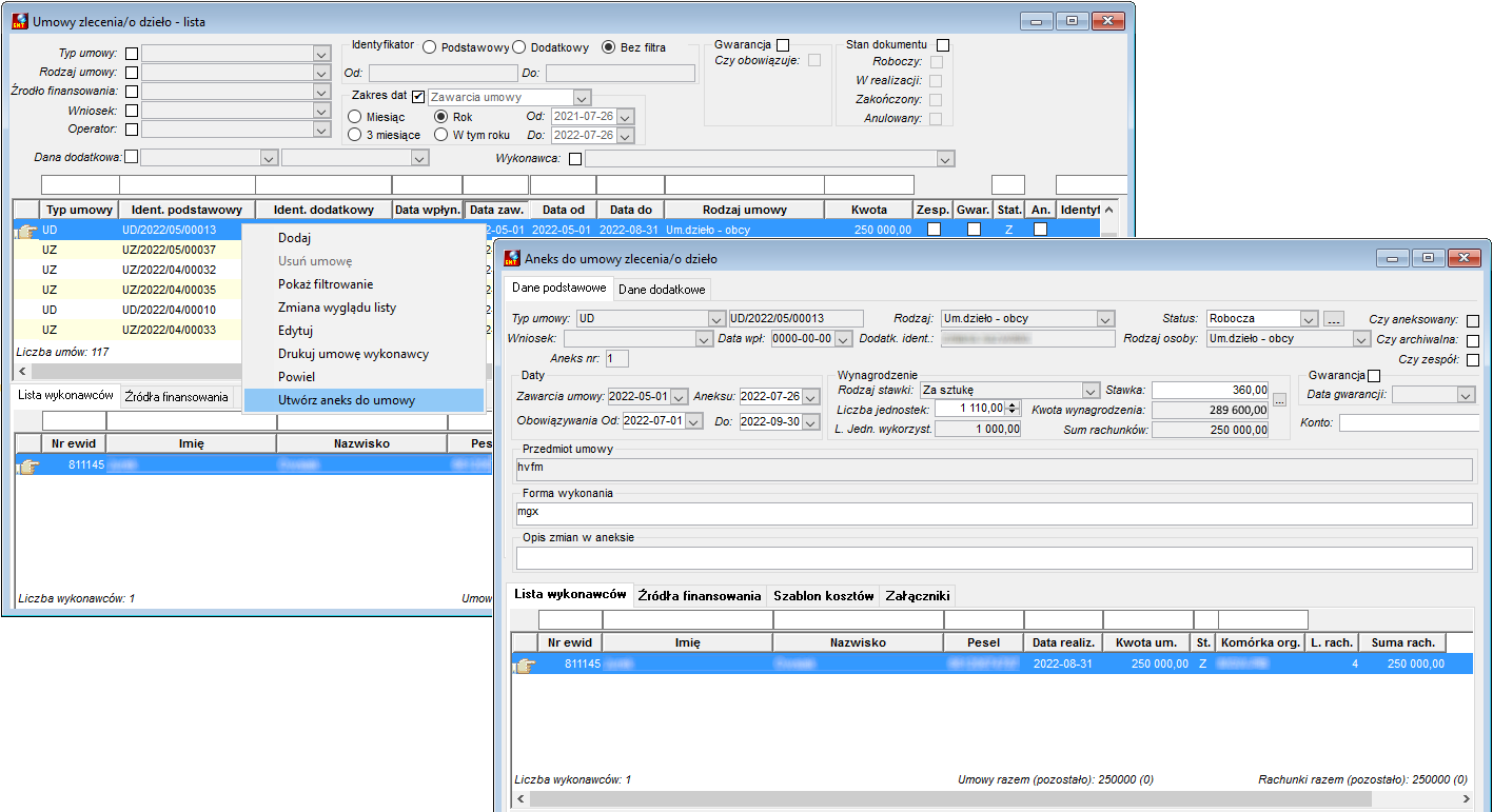 Tworzenie aneksu do umowy zlecenia/o dzieło