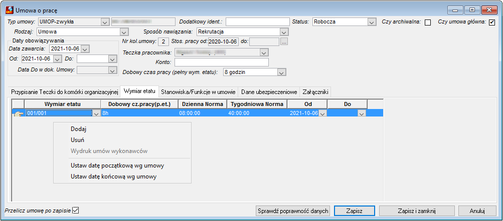 Widok okna dodawania Umowy o pracę