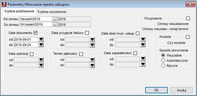 Parametry filtrowania rejestru zakupów – kryteria podstawowe