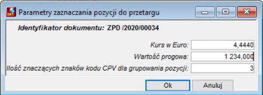 Parametry zaznaczania pozycji do przetargu