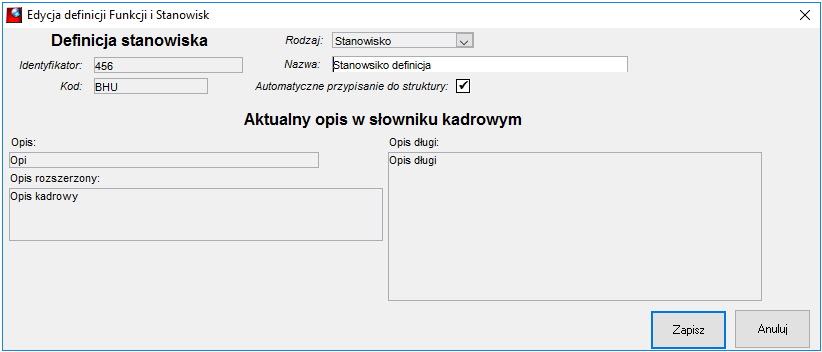 Okno zmiany danych stanowiska