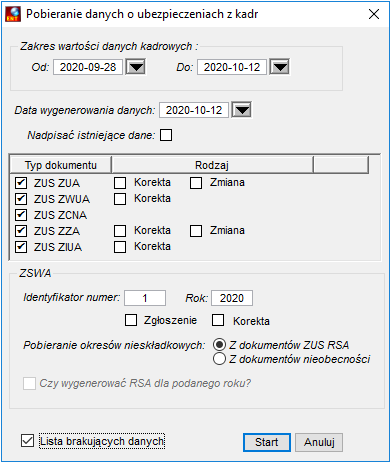 Widok okna Pobierania danych o ubezpieczeniach z kadr Widok okna Pobierania danych o ubezpieczeniach z kadr