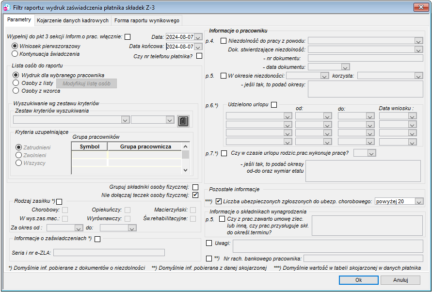 Okno uruchomienia raportu Z-3 – zakładka Parametry