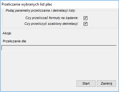 Okno przeliczania wybranych list na żądanie Okno przeliczania wybranych list na żądanie