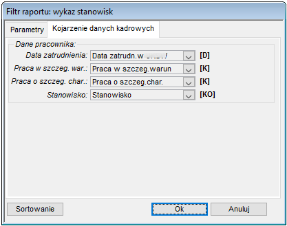 Zakładka Kojarzenie danych kadrowych do raportu Wykaz stanowisk pracy w szczególnych warunkach lub o szczególnym charakterze Zakładka Kojarzenie danych kadrowych do raportu Wykaz stanowisk pracy w szczególnych warunkach lub o szczególnym charakterze