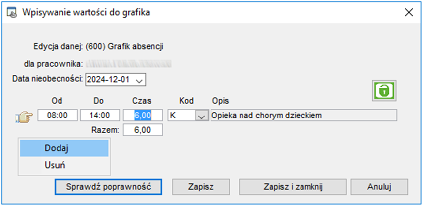 Okienko wpisywania waryości do grafika