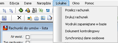 Akcje dostępne z okna Rachunek do umowy zlecenia o dzieło - lista z menu Lokalne Akcje dostępne z okna Rachunek do umowy zlecenia o dzieło - lista z menu Lokalne