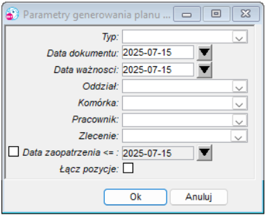 Okno Parametry generowania planu