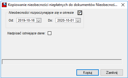 Okno Kopiowanie nieobecności niepłatnych do dokumentów Nieobecności