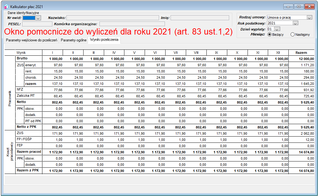 Okno kalkulatora z wyliczeniami pomocniczymi