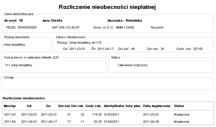 Przykładowy raport Rozliczenie nieobecności niepłatnej