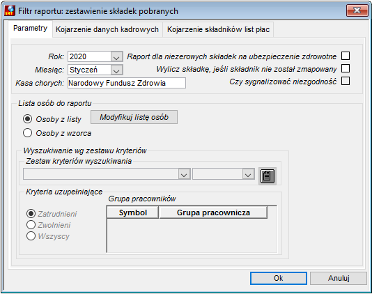 Zakładka Parametry raportu Zestawienie składek pobranych Zakładka Parametry raportu Zestawienie składek pobranych