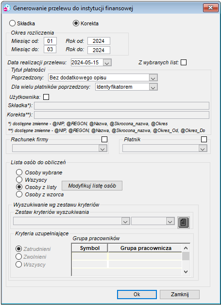 Okno generowania przelewu korekty składek PPK Okno generowania przelewu korekty składek PPK