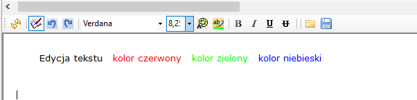 Okno Edycji raportów definiowanych: widok edytora tekstu z użyciem różnych kolorów i czcionek