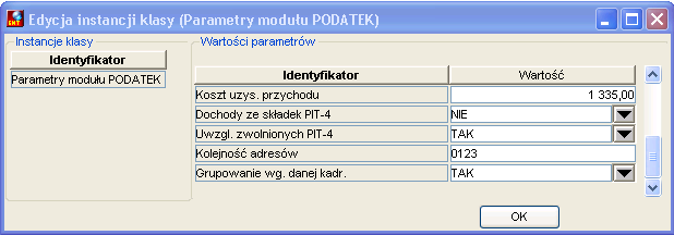 Okno parametrów Podatku