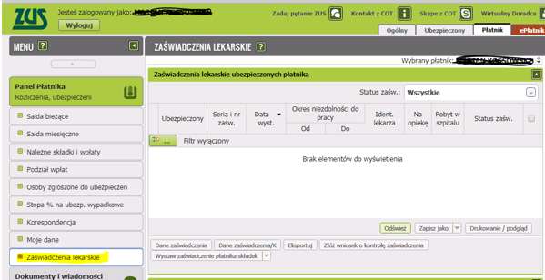 Okno PUE ZUS->Zaświadczenie lekarskie