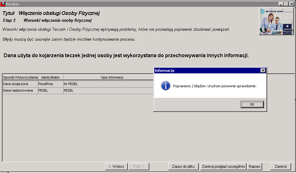 Okno kreatora - informacja o wykonanych poprawkach