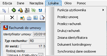Akcje dostępne z okna Rachunek do umowy zlecenia o dzieło z menu Lokalne