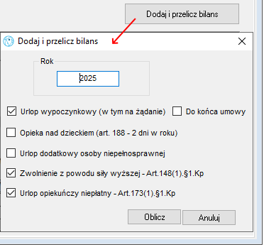 Okno wyboru parametrów przeliczania urlopów w teczce z datą do w umowie