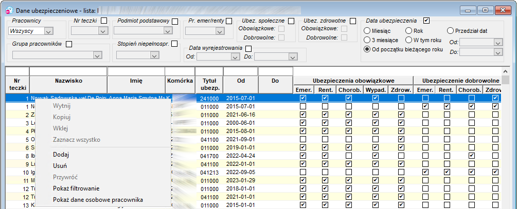 Okno Dane ubezpieczeniowe - lista